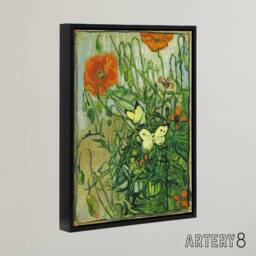 "Artery8 Vincent Van Gogh Butterflies & Poppies Framed Canvas Wall Art Print in Green - Size: W12"" x H16""" - thumbnail 2