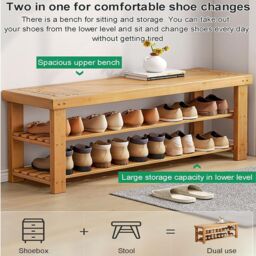 VOGREX Wooden Shoe Rack Seating Bench Hallway Storage Organiser Holder in Natural - thumbnail 6