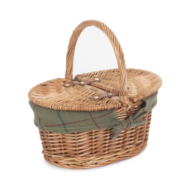 Red Hamper Wicker Childs Light Steamed Finish Cotton Lined Oval Picnic Basket in Green - image 1