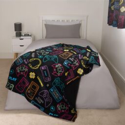 OHS Gaming Sherpa Throw Over Bed Blanket Fleece Supersoft Plush Kids Chair Sofa Warm in Black