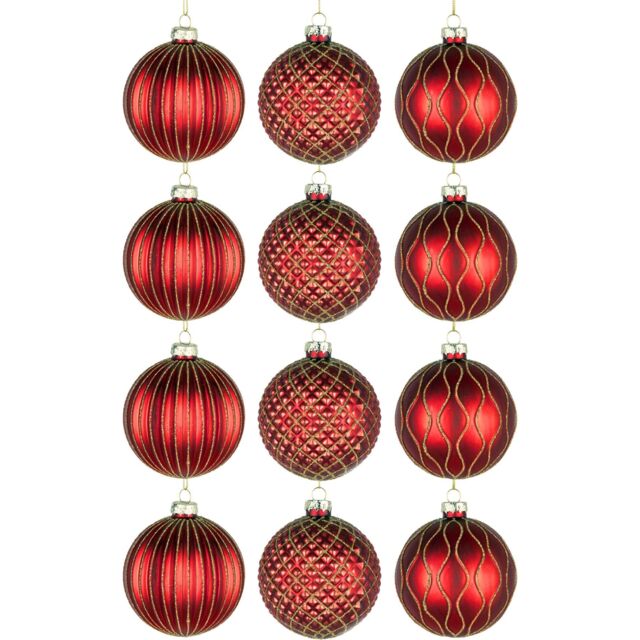 Shatchi Christmas 8cm Red Glass Baubles Set - 12pcs Ornaments with 3 Assorted Designs for Tree Decorations - image 1