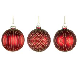 Shatchi Christmas 8cm Red Glass Baubles Set - 12pcs Ornaments with 3 Assorted Designs for Tree Decorations - thumbnail 5
