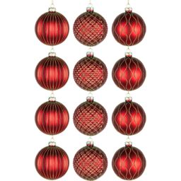 Shatchi Christmas 8cm Red Glass Baubles Set - 12pcs Ornaments with 3 Assorted Designs for Tree Decorations