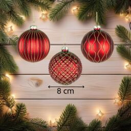 Shatchi Christmas 8cm Red Glass Baubles Set - 12pcs Ornaments with 3 Assorted Designs for Tree Decorations - thumbnail 2
