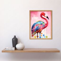 "Artery8 Wall Art Print Flamingo Bird Folk Art Watercolour Painting Art Framed in Light Oak - Size: W12"" x H16""" - thumbnail 2