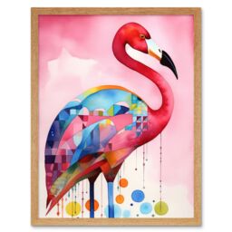 "Artery8 Wall Art Print Flamingo Bird Folk Art Watercolour Painting Art Framed in Light Oak - Size: W12"" x H16""" - thumbnail 1