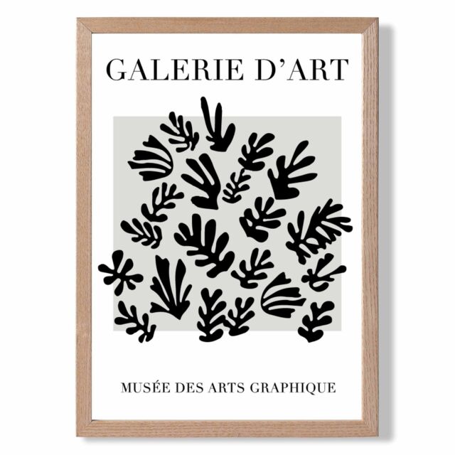 ARTZE Matisse Floral Cutout Grey & Black Framed Print SIZE: A2 with Oak Frame - Size: A4 - image 1