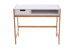 Orsina White 1 Drawer Desk, Durable Computer Desk with Natural Wood Legs, Study Table Bedside Desk for Home - thumbnail 2