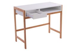 Orsina White 1 Drawer Desk, Durable Computer Desk with Natural Wood Legs, Study Table Bedside Desk for Home - thumbnail 5