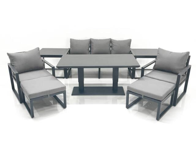 Fimous Outdoor Aluminium Garden Furniture Set w/ Adjustable Rising Lifting Dining Table 3 Seater Sofa 2 Chair 2 Big Footstools 2 Side Tables Dark Grey - image 1