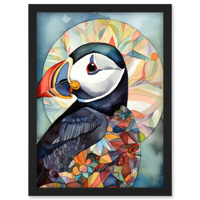 Artery8 Puffin Bird Portrait Folk Art Artwork Framed Wall Art Print A4 in Black - image 1