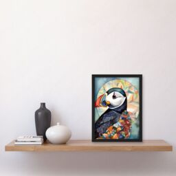 Artery8 Puffin Bird Portrait Folk Art Artwork Framed Wall Art Print A4 in Black - thumbnail 2