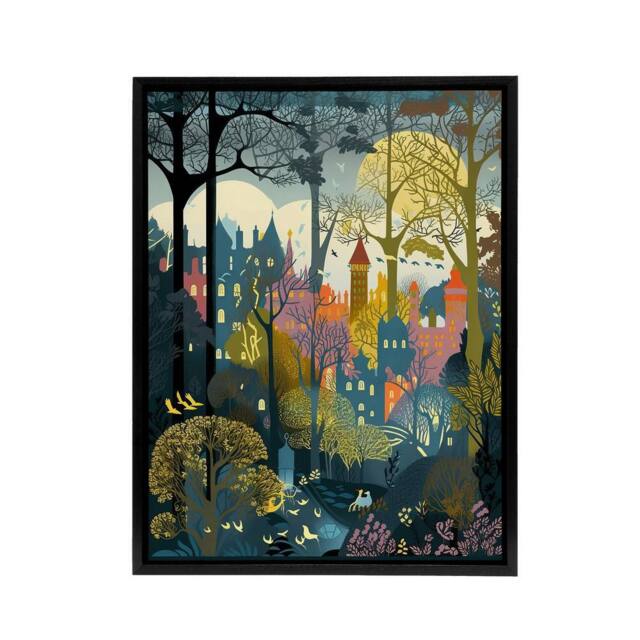 "Artery8 Village Through Sherwood Forest Folk Art Framed Canvas Wall Art Print - Size: W12"" x H16""" - image 1