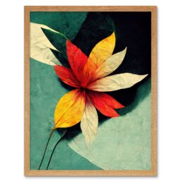 "Artery8 Wall Art Print Abstract Flowers Teal Red Yellow Art Framed in Light Oak - Size: W12"" x H16""" - thumbnail 1