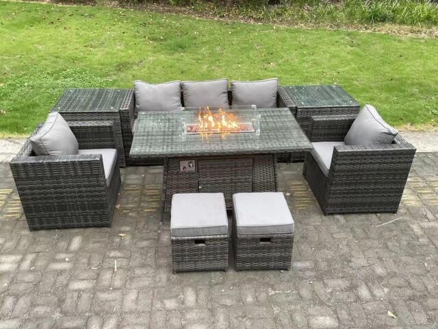 Fimous Outdoor PE Rattan Garden Furniture Gas Fire Pit Dining Table Armchairs With 2 Side Coffee Table Stools in Dark Grey - image 1