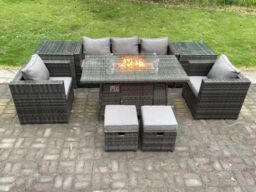 Fimous Outdoor PE Rattan Garden Furniture Gas Fire Pit Dining Table Armchairs With 2 Side Coffee Table Stools in Dark Grey - thumbnail 3