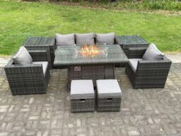 Fimous Outdoor PE Rattan Garden Furniture Gas Fire Pit Dining Table Armchairs With 2 Side Coffee Table Stools in Dark Grey - thumbnail 1
