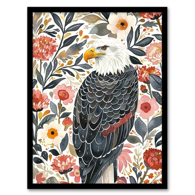 "Artery8 American Bald Eagle Floral Watercolour Portrait Framed Wall Art - Size: W12"" x H16""" - image 1