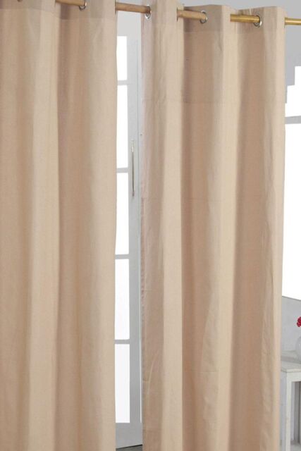 Homescapes Plain Cotton Ready Made Eyelet Curtain Pair in Beige - Size: 140 cm width x 183 cm drop - image 1