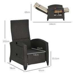 OUTSUNNY Garden Recliner w/ Cushion, Reclining Rattan Chair in Khaki - thumbnail 3