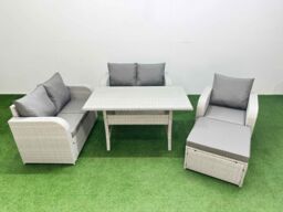 Fimous High Back Poly Rattan Garden Furniture Set w/ Reclining Chair Loveseat Sofa Rectangular Dining Table Indoor Outdoor Patio Set Big Stool Light - thumbnail 1