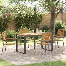 Berkfield Home 5 Piece Garden Dining Set Grey Poly Rattan Acacia - thumbnail 1