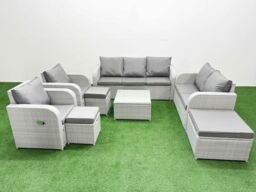 Fimous PE Rattan Garden Furniture Set Adjustable Chair Sofa Double Love Seat 2 Seater Sofa Lounge Set Square Coffee Table 3 Stools Light Grey - thumbnail 2