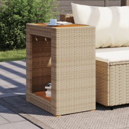 Berkfield Home Garden Side Table with Wooden Top Beige 60x40x75 cm Poly Rattan - Size: 60 x 40 x 75 cm - thumbnail 3