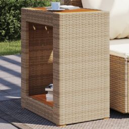 Berkfield Home Garden Side Table with Wooden Top Beige 60x40x75 cm Poly Rattan - Size: 60 x 40 x 75 cm - thumbnail 1