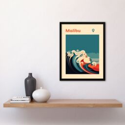 Artery8 Wall Art Print The Seaside Calls Malibu Beach California USA Modern Woman of the Waves Sea Siren Ocean Art Framed in Blue - Size: A4 - thumbnail 4