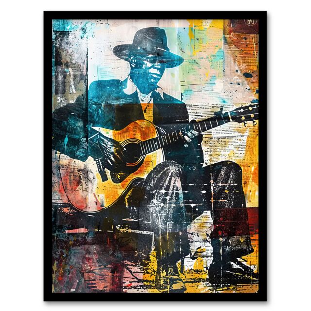 Artery8 Blues Music Guitar Player Upcycle Painting Framed Art Print - Size: A4 - image 1