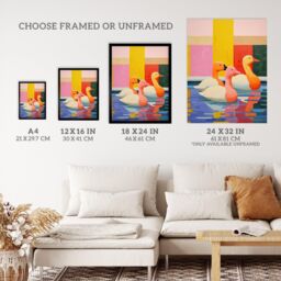 Wee Blue Coo Wall Art Print Chameleon Ducks Swimming Vibrant Geometric Pattern Oil Painting Art Framed - Size: A4 - thumbnail 3
