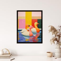 Wee Blue Coo Wall Art Print Chameleon Ducks Swimming Vibrant Geometric Pattern Oil Painting Art Framed - Size: A4 - thumbnail 4