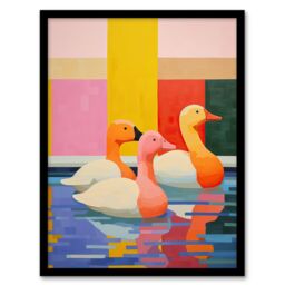 Wee Blue Coo Wall Art Print Chameleon Ducks Swimming Vibrant Geometric Pattern Oil Painting Art Framed - Size: A4 - thumbnail 1