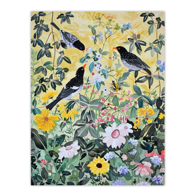 "Artery8 Birds in Blooming Spring Wildflower Field Wall Art Print in Yellow - Size: W24"" x H32""" - image 1