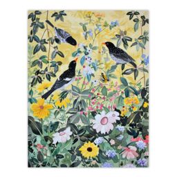 "Artery8 Birds in Blooming Spring Wildflower Field Wall Art Print in Yellow - Size: W24"" x H32""" - thumbnail 1