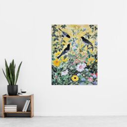 "Artery8 Birds in Blooming Spring Wildflower Field Wall Art Print in Yellow - Size: W24"" x H32""" - thumbnail 4