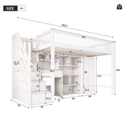 Matteo White Kids Single Loft Bed with Desk, Storage Stairs - thumbnail 3