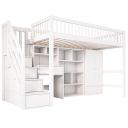 Matteo White Kids Single Loft Bed with Desk, Storage Stairs - thumbnail 8