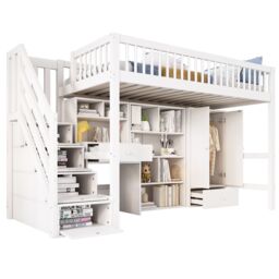 Matteo White Kids Single Loft Bed with Desk, Storage Stairs - thumbnail 6