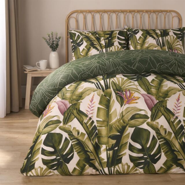 OHS Tropical Duvet Cover Set Leaves Reversible Soft Bedding Quilt in Green - Size: Super King - image 1