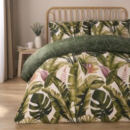 OHS Tropical Duvet Cover Set Leaves Reversible Soft Bedding Quilt in Green - Size: Super King - thumbnail 1