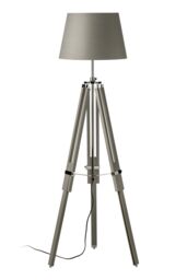 Orsina Adjustable Floor Lamp with Chrome Accents, Natural Grey Wooden Tripod Legs, Contemporary Fabric Shade