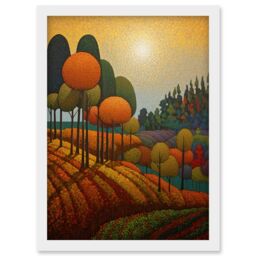 Artery8 Wall Art Print Autumn Fields Pointillism Painting Amber Orange Green Countryside Landscape Artwork Framed A4 in White - thumbnail 1