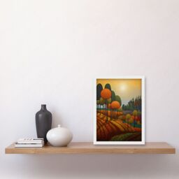 Artery8 Wall Art Print Autumn Fields Pointillism Painting Amber Orange Green Countryside Landscape Artwork Framed A4 in White - thumbnail 2
