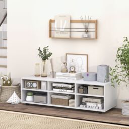 Costway TV Stand for TVs up to 55 Inches Wooden 6 Storage Compartments TV Cabinet Table in White - thumbnail 5