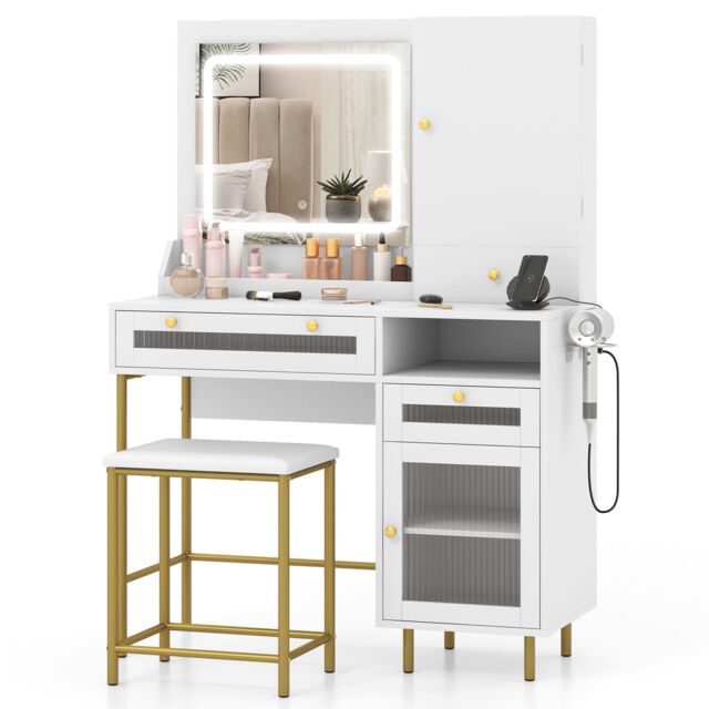 Costway Vanity Set Dressing Table & Chair Set w/3 Lighting Modes & Cabinet in White - image 1