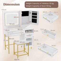 Costway Vanity Set Dressing Table & Chair Set w/3 Lighting Modes & Cabinet in White - thumbnail 2