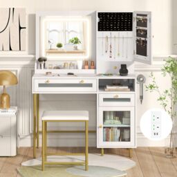 Costway Vanity Set Dressing Table & Chair Set w/3 Lighting Modes & Cabinet in White - thumbnail 3