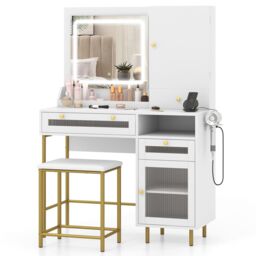 Costway Vanity Set Dressing Table & Chair Set w/3 Lighting Modes & Cabinet in White - thumbnail 1